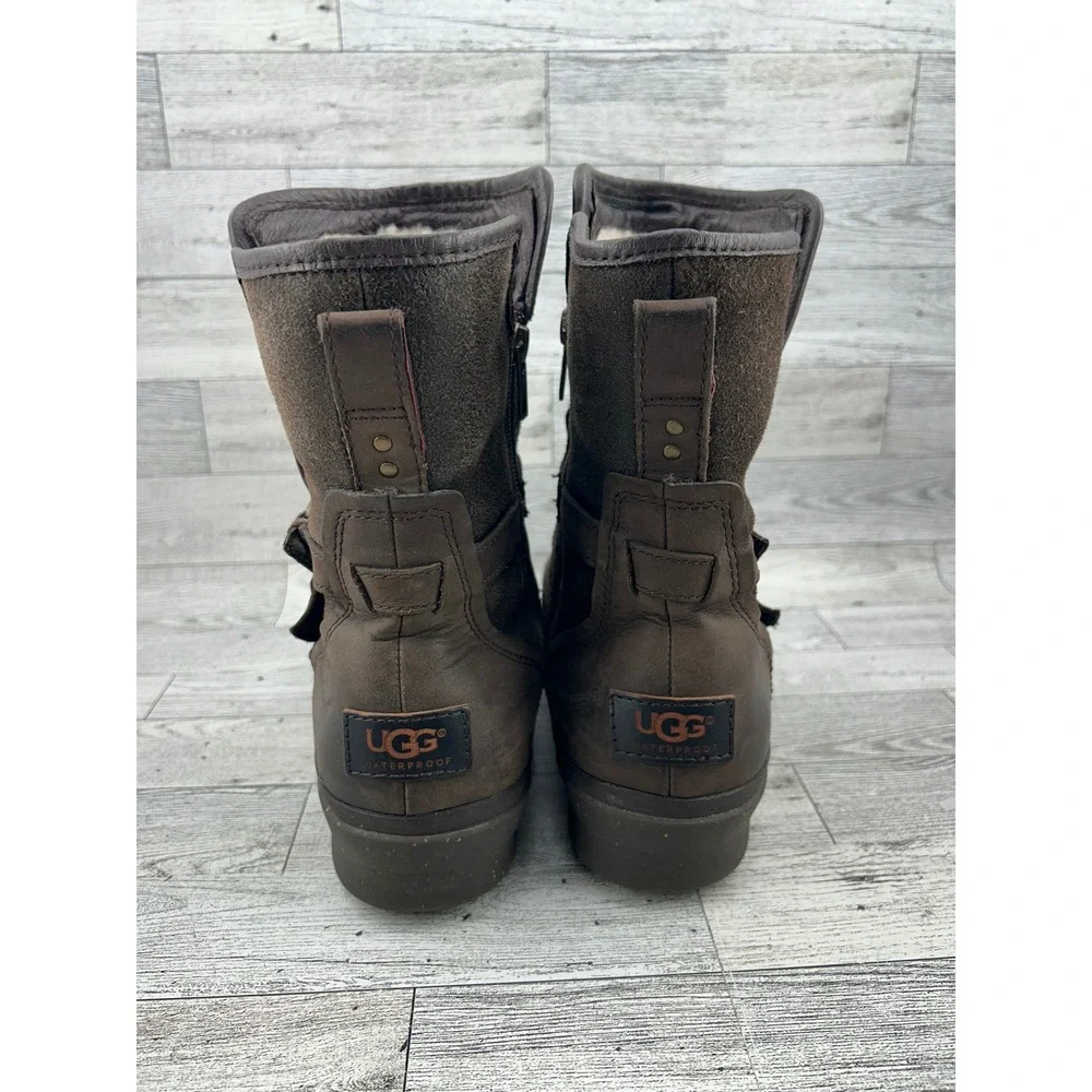 UGG Simmens Waterproof Stout Brown Leather Suede Moto Boots‎ 1008439 Women Sz 10